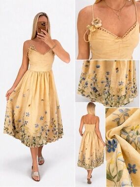 En Saison Yellow Floral Midi Dress Alemais Boho Zimmerman Style Summer Size M